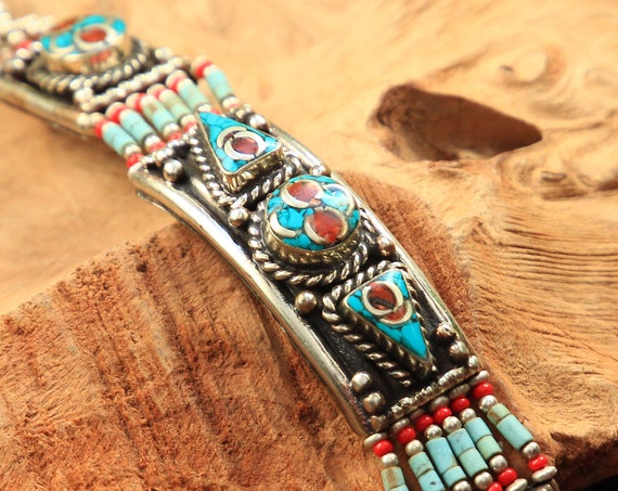 TURQUOISE & CORAL BANGLE - Vintage Nepalese Bracelet - Statement Jewellery - Indian Tribal - Rare Antique Bracelet - Unique gemstone gift