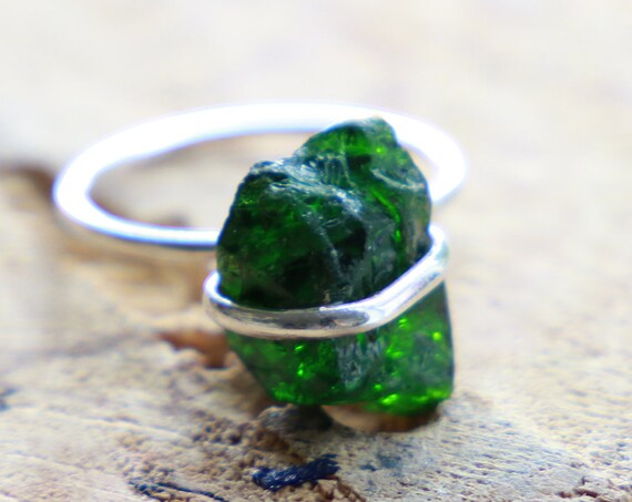 GREEN TOURMALINE RING - Deep Green Sterling silver Ring - 925 - Unpolished - Rustic Gemstone - Organic Natural Crystal Ring - Bespoke Boho