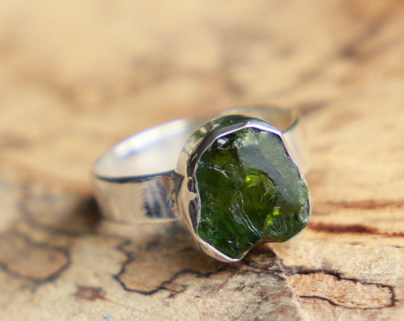 SEA GLASS JEWELLERY - Deep Green Sterling silver Ring - 925 - Unpolished Seaglass - Ocean Friendly - Ethically sourced - Rustic Crystal Gift