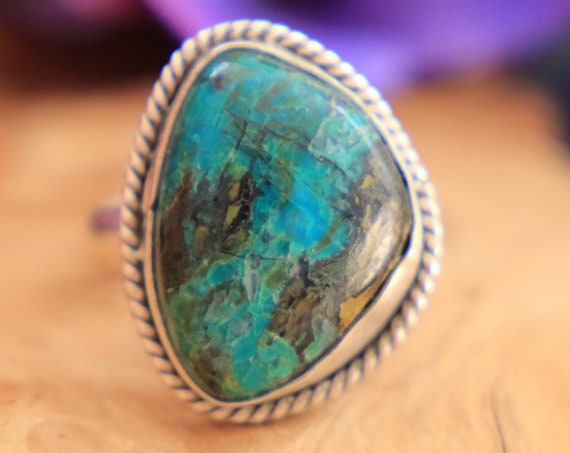 SIGNATURE CRYSOCOLLA RING - Adjustable Sterling Silver Ring - Healing Crystal - Turquoise - Rare Statement Ring - Limited Edition Gift