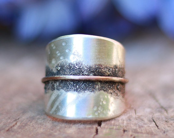 ORGANIC LEAF RING - Adjustable 925 Sterling Silver Ring - Oxidised Nature Ring - Rustic Texture Jewellery - Hammered Jewellery - Copper