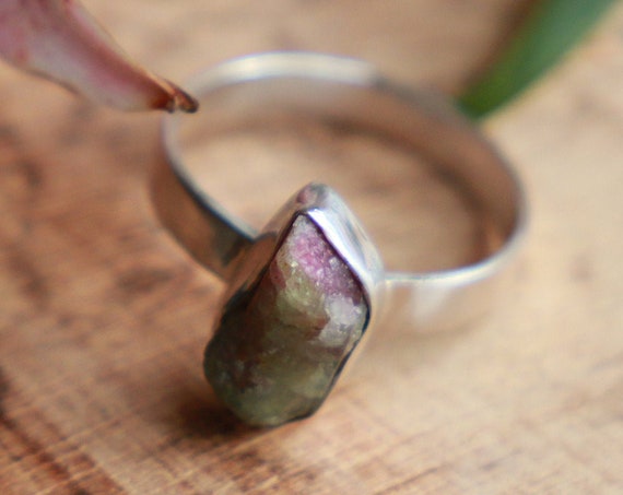 WATERMELON TOURMALINE RING - Gemstone Sterling silver Ring - Unpolished - Organic Natural - Ruby - Bohemian - Rustic Healing Crystal Gift