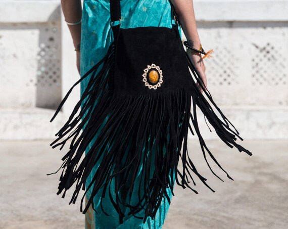 SUEDE FRINGE BAG - *Last one!* - Fringe Shoulder bag - Crystal Bag - Vintage Leather Tassel Bag - Bohemian - Festival bag - Blue Crystal Bag