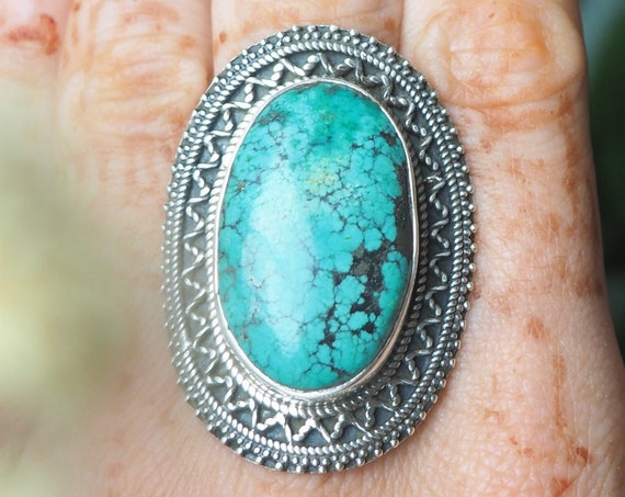 XL TURQUOISE RING - Statement Sterling Silver Ring - Rare Turquoise - Natural Turquoise - Antique Ring - Navajo - One of a kind- Luxury