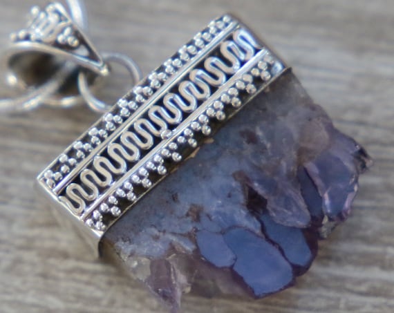 AMETHYST DRUZE PENDANT - Sterling Silver Necklace - Birthstone - Rough Natural Crystal - Raw Gemstone Necklace - Chakra - Boho Vintage Style