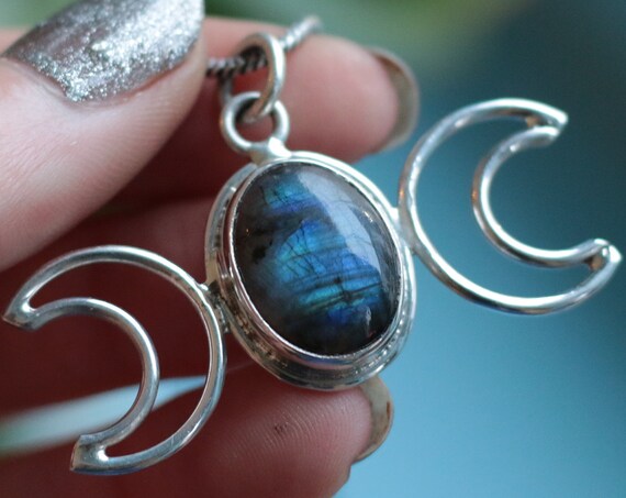 LABRADORITE MOON NECKLACE - Triple Moon Goddess - Moon - Star sign - Gemstone - Horoscope - Crescent Moon - Crystal Necklace - Bespoke Gift