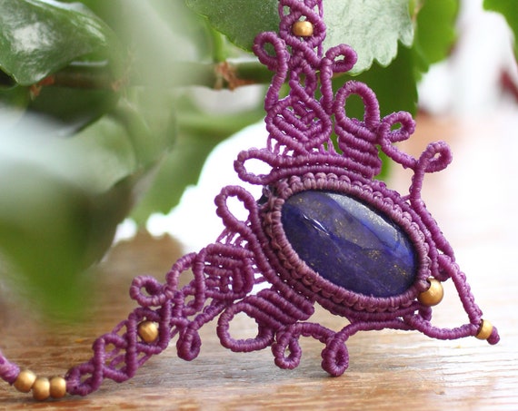 PURPLE LAPIS LAZULI - Micro macrame Choke Necklace - Healing - Adjustable - Xmas Crystal Gift / Valentines - Bohemian vibes - Vintage Ethnic