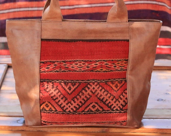 HANDMADE LEATHER HANDBAG - Vintage Purse - Kilim Carpet Bag - Moroccan - Vintage Leather - Up-cycle - Recycled Leather - Shoulder bag - Boho
