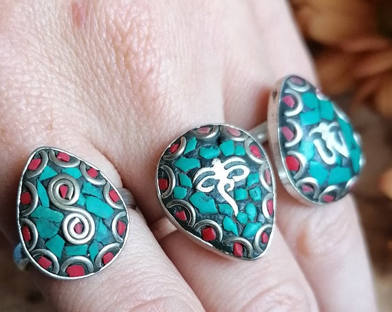 BUDDHIST TURQUOISE RING - Vintage Adjustable Ring - Handmade - Bespoke - Mosaic - Gift - One size fits all - Silver plated - Symbol Ring