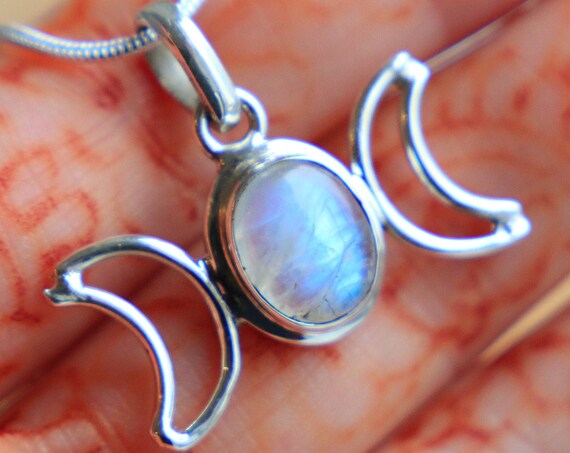MOONSTONE MOON GODDESS - Handmade Sterling Silver Necklace - Triple Moon - Wicca Symbol - Magic Moon Jewelry - Glow Crystal - Witch - Star