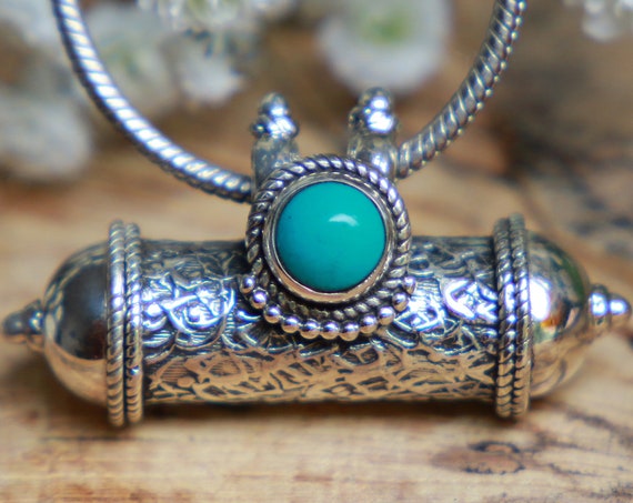 TURQUOISE MANTRA NECKLACE - Sterling Silver - Buddhist Prayer Necklace - Ash Jewellery - Keepsake - Positive affirmation - Vintage Locket