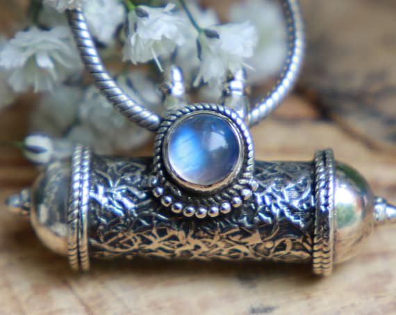 MOONSTONE MANTRA LOCKET - Sterling Silver Necklace - Buddhist Prayer Locket - Healing Crystal Gemstone - Ashes Jewelry - Yoga affirmations