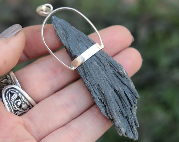 BLACK KYANITE PENDANT - Sterling silver - Kyanite Necklace - Unisex - Raw Crystal - Rough - Textured - Large - Statement - Metaphysical