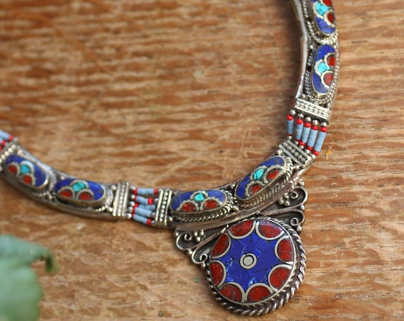 STATEMENT TIBETAN NECKLACE - Coral & Turquoise - Nepalese - Buddhist - Indian Afghani - Vintage - Semi Precious - Gift Set - Tibet jewelry