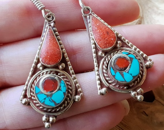 CORAL & TURQUOISE EARRINGS - Vintage Nepalese / Tibetan style - Antique style earrings - Unique Gemstone Gift - Rustic Jewellery - Handmade