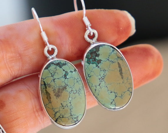 NATURAL TURQUOISE EARRINGS - Rare Natural Turquoise - 925 Sterling Silver Earrings - Gemstone - Vintage - Green turquoise - Bohemian - Gift