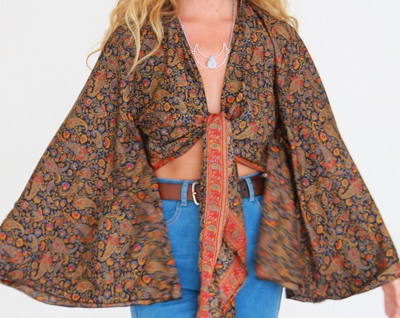 STEVIE BELL SLEEVE - Bell sleeve Crop Top - Vintage Fabric - Festival - Hippie - Retro - 70s - 60'S - Recycled Silk - Kimono - Cape - Beach