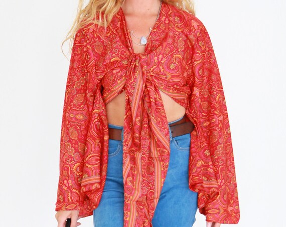 RHUBARB SKY CROP - Ruby Sparrow bell sleeve - Vintage Fabric - Retro - Bohemian - Kimono - Up cycle - Summer - Kaftan - Silk Blend Crop Top
