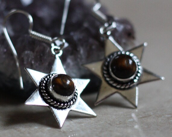 TIGERSEYE STAR EARRINGS - Silver Earrings - Crystal Earrings - Healing Crystal Jewellery - Tigers eye - Statement - Boho - Vintage - Crystal