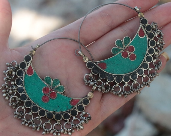 VINTAGE TURQUOISE EARRINGS - Afghan - Handmade - Bespoke - Kuchi - Mosaic - Gypsy - One of a Kind - Statement - Festival - Indian