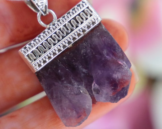 AMETHYST SLICE PENDANT - Sterling Silver - Birthstone - Rough Natural Crystal - Raw Gemstone - Chakra - Bohemian Vintage - Filigree Necklace