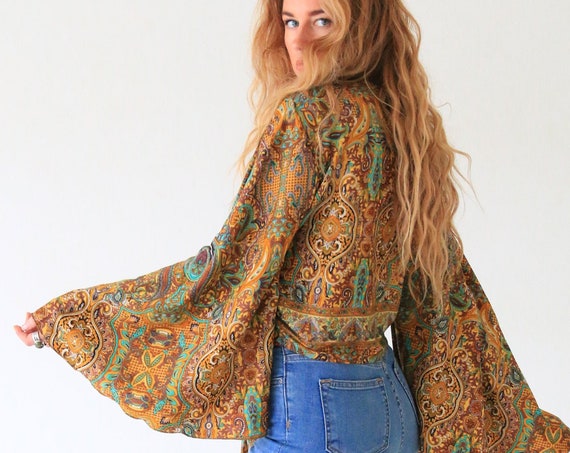 FALL CROP TOP - Ruby Sparrow Bell sleeve - Vintage Fabric - Peasant Top - Up cycle kaftan - Summer Crop top - Beach - Winter Christmas