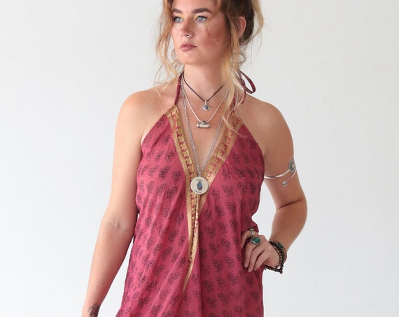 HALTER NECK JUMPSUIT - Silk Jumpsuit - Handmade - Vintage Sari fabric - Festival - Hippie - Backless Summer Dress - Beach Holiday - Boho