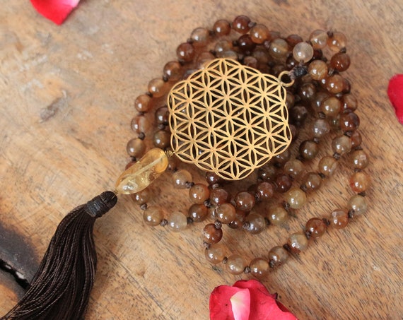 GEMSTONE MALA NECKLACE - Sacred geometry - Flower of life - Crystal necklace - Prayer beads - Mandala - Yoga necklace - Tassel - Spiritual