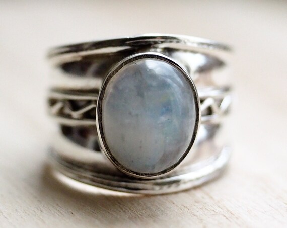 ADJUSTABLE MOONSTONE RING - 925 Sterling Silver - Oxidised Silver - Moon child - Crystal - Gemstone - Tribal Style - Crystal unisex Ring