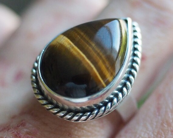 ADJUSTABLE TIGEREYE RING - Tigers Eye Ring - Sterling Silver - Protection Healing Crystal - Bohemian - Big - One Size fits all - Mens ring