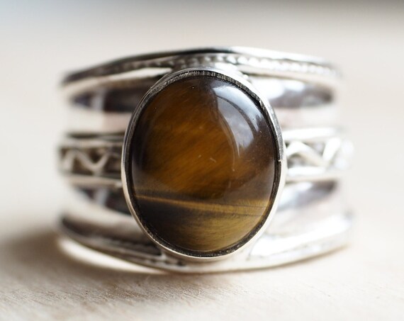 UNISEX TIGER EYE - Adjustable tigers eye ring - 925 Chunky Silver - Crystal ring - Vintage style - Men's jewellery - Protection gift - Earth