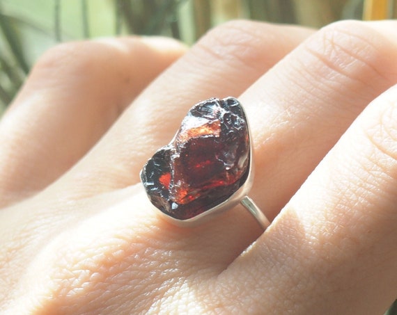 FIRE RUBY GARNET - Blood Ruby Ring - High Frequency Crystal - Sterling silver 925 - Unpolished Natural Raw Gemstone - Christmas - Minimal