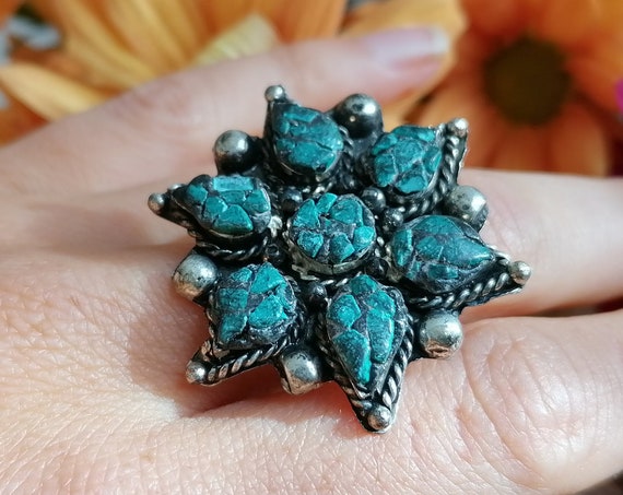 MOROCCAN TURQUOISE RING - Vintage Adjustable Ring - Statement Gift - One size fits all - Silver plated - Tibetan - Nepalese style - Flower