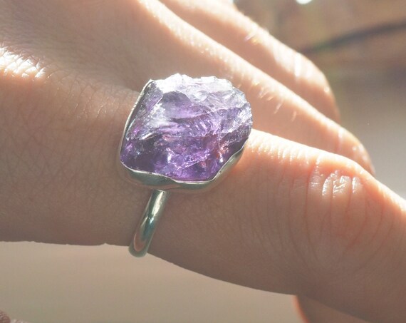 RAW AMETHYST RING - Sterling silver - 925 ring - Natural - Crystal - Rough Raw Crystal - February Birthstone - Rustic - Powerful Gemstone
