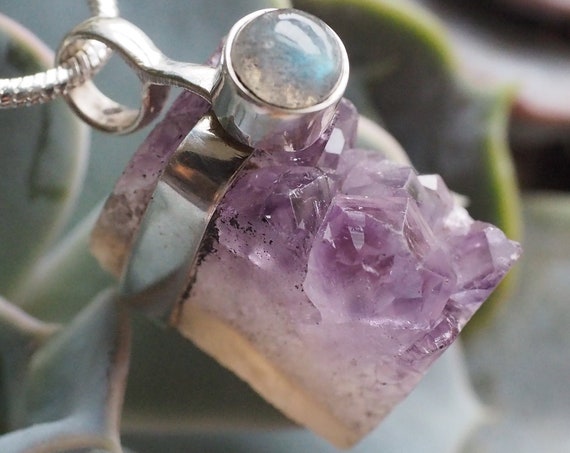 AMETHYST DRUZE PENDANT - Sterling Silver Necklace - Birthstone - Rough Natural Crystal - Raw Gemstone Necklace - Chakra - Boho Vintage Style