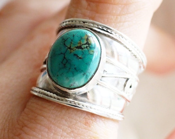 TRIBAL TURQUOISE RING - 925 Sterling Silver - Adjustable ring - Vintage Style - Oxidised Ring - Navajo inspired - Unisex Gift - Chunky Ring