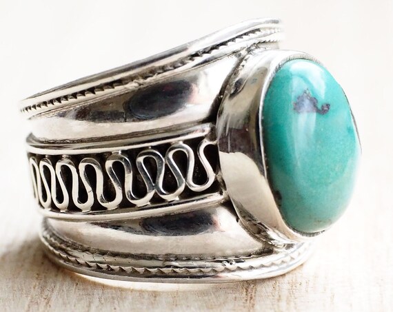 CHUNKY TURQUOISE RING - 925 Sterling Silver - Adjustable ring - Tribal Vintage Style - Hippie - Bohemian - Oxidised Ring - Navajo - Unisex