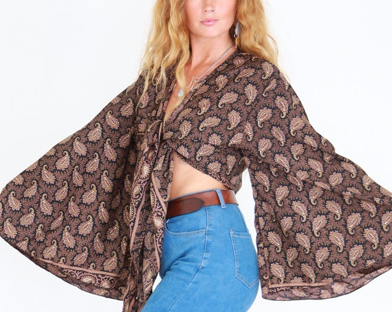 BLACK PAISLEY CROP - Ruby Sparrow Bell sleeve - Vintage Fabric - Peasant Top - Up cycle kaftan - Crop top - Hippie - Winter Wrap - Tie Top