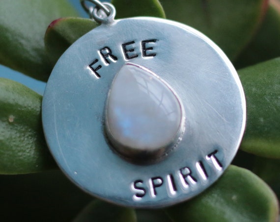 FREE SPIRIT PENDANT - Moonstone - Large Stamped Sterling silver Necklace - Dog Tag - Spiritual - Healing Crystal - Bohemian - Wanderlust