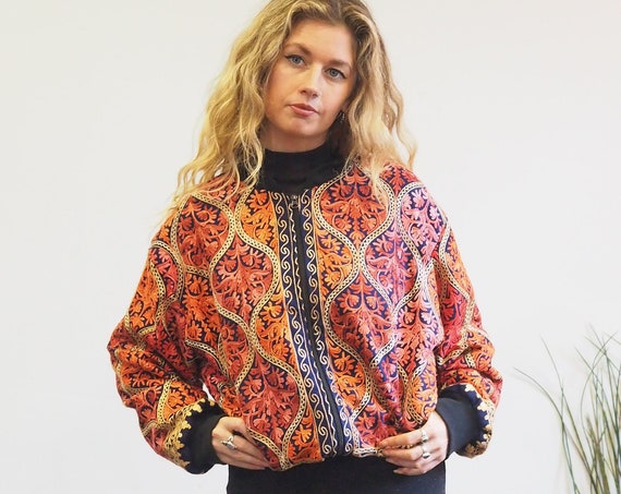 EMBROIDERED KASHIDA JACKET - Lightweight Bomber jacket - Indian Cotton - Non Binary Coat - Kashmiri - Kantha - Recycled Scarf Coat - Winter