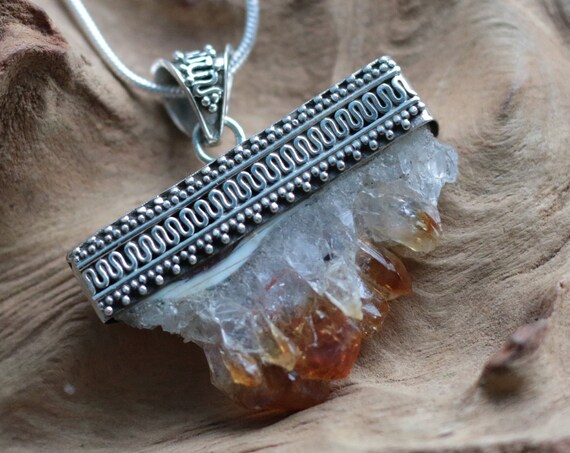 CITRINE DRUZY PENDANT - Sterling Silver Necklace - Valentines - Citrine Slice - Rough Crystal - Gemstone Necklace - Chakra - Vintage Style