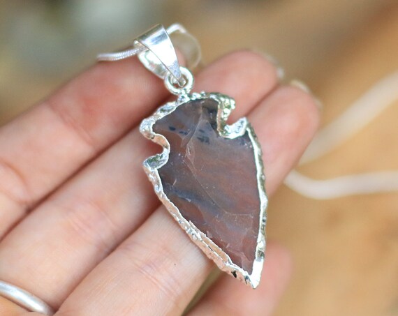 AGATE ARROW NECKLACE - Navajo - Native American - Silver Plated - Electroform - Gift - Handmade - Crystal - Arrowhead - Boyfriend - Unisex