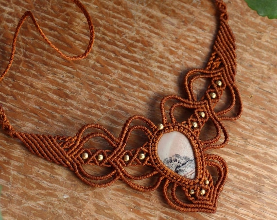 SNOW AGATE NECKLACE - Statement Macrame - Rare Healing Crystal - Handmade Amulet - Choker - Fall Style - Yoga - Spiritual Reiki Jewellery