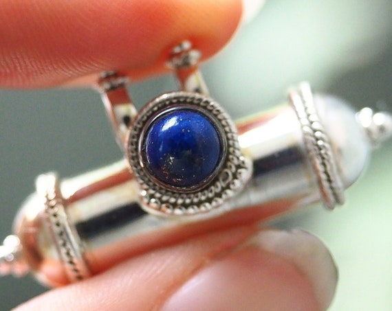 LAPIS LAZULI LOCKET - Mantra Prayer Necklace - Solid Sterling Silver - Buddhist - Healing Crystal - Ashes box - Chakra Crystal pillbox gift
