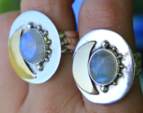 MOONSTONE MOON RING - Bespoke Sterling Silver Ring - Magic Moon - Brass Moon Jewelry - Crystal Moon Ring - Healing Crystal Chakra - Stars