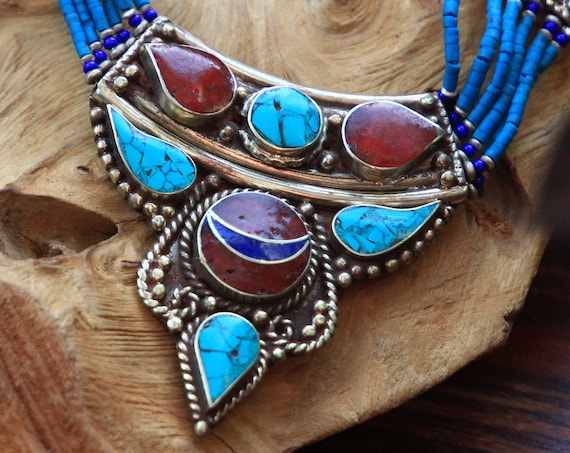 VINTAGE TIBETAN NECKLACE - Statement Coral & Turquoise Necklace - Nepalese - Buddhist - Semi Precious - Birthstone - Crystal gift - Bold