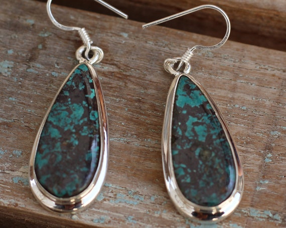 DARK TURQUOISE EARRINGS - 925 Sterling Silver Earrings - Gemstone - Navajo - Handmade - Natural crystal - Vintage style - Bespoke