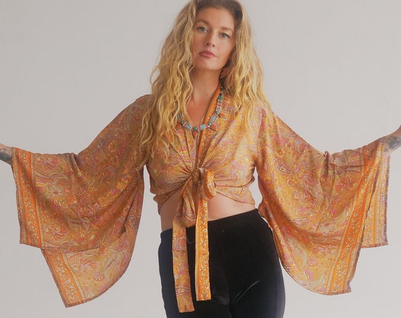STEVIE NICKS CROP - Bell sleeve top - Vintage Style - kaftan jacket - Hippie - Retro - 70s - 60'S - Recycled Silk - Kimono - Cover up - Wrap