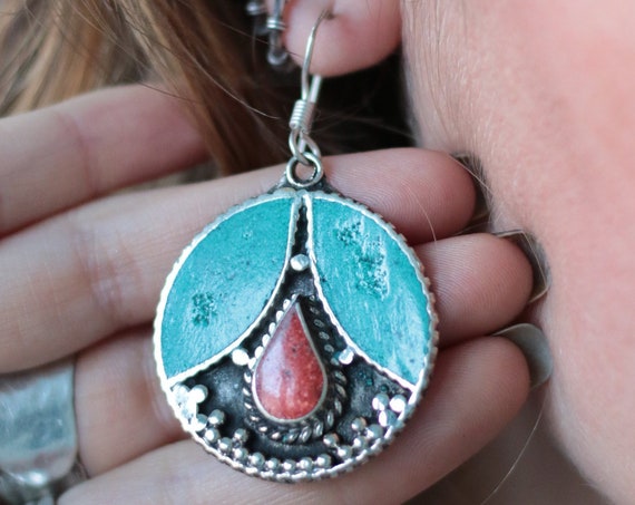 VINTAGE TURQUOISE EARRINGS - Handmade Nepalese earrings - Bespoke - Gypsy - One of a Kind - Statement Earrings - Festival - Indian - Tibetan