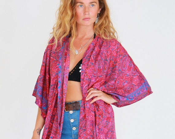 RHUBARB PINK KIMONO - Silk Cardigan - Cover Up - Bohemian Beach Kaftan - Lounge Dress - Wrap Around Kimono - Lingerie Dress - Summer